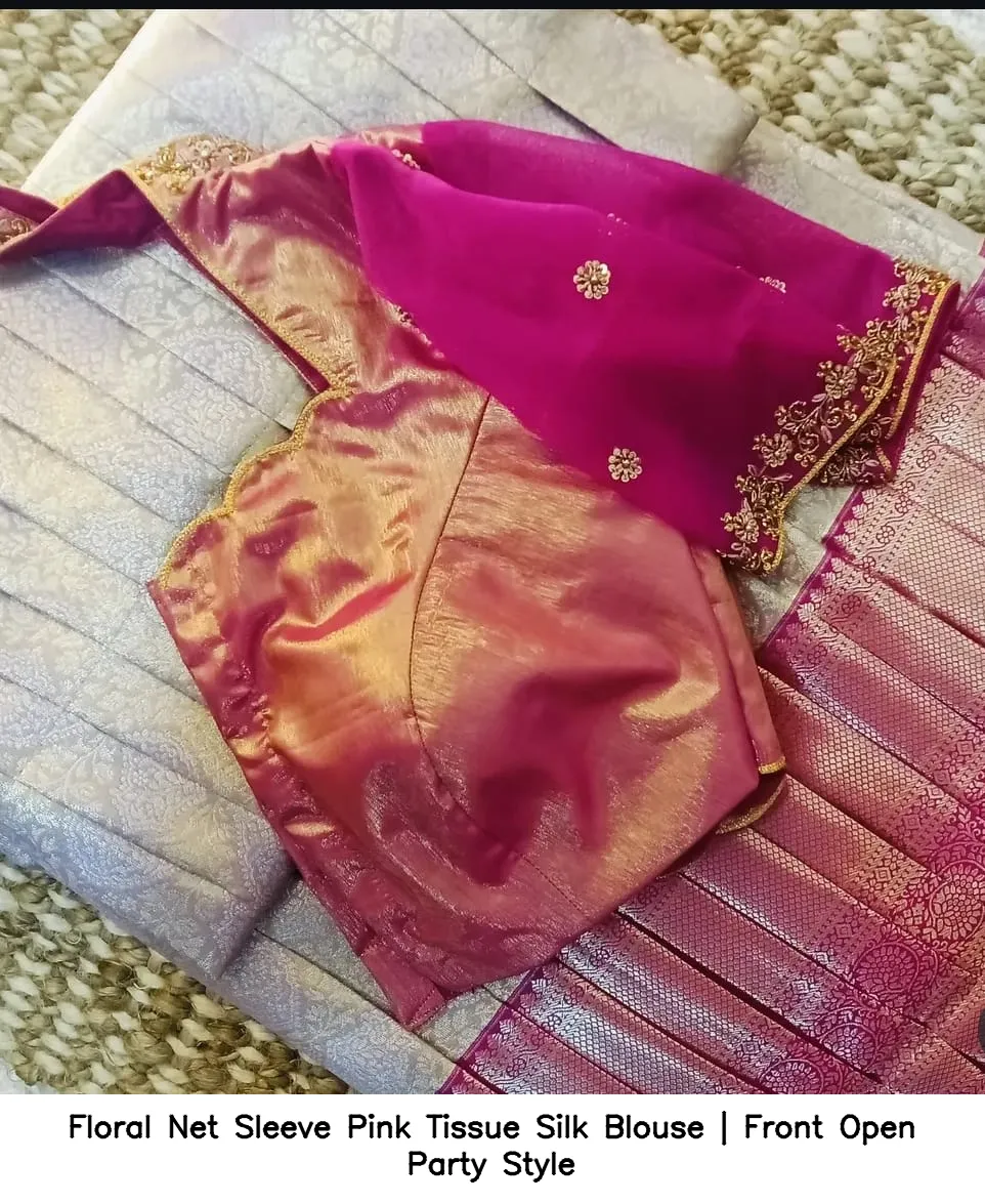 Floral Net Sleeve Pink Tissue Silk Blouse | Front Open Party Style - Image 2