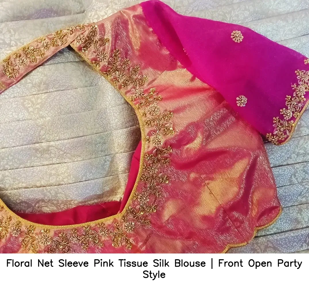 Floral Net Sleeve Pink Tissue Silk Blouse | Front Open Party Style - Image 4