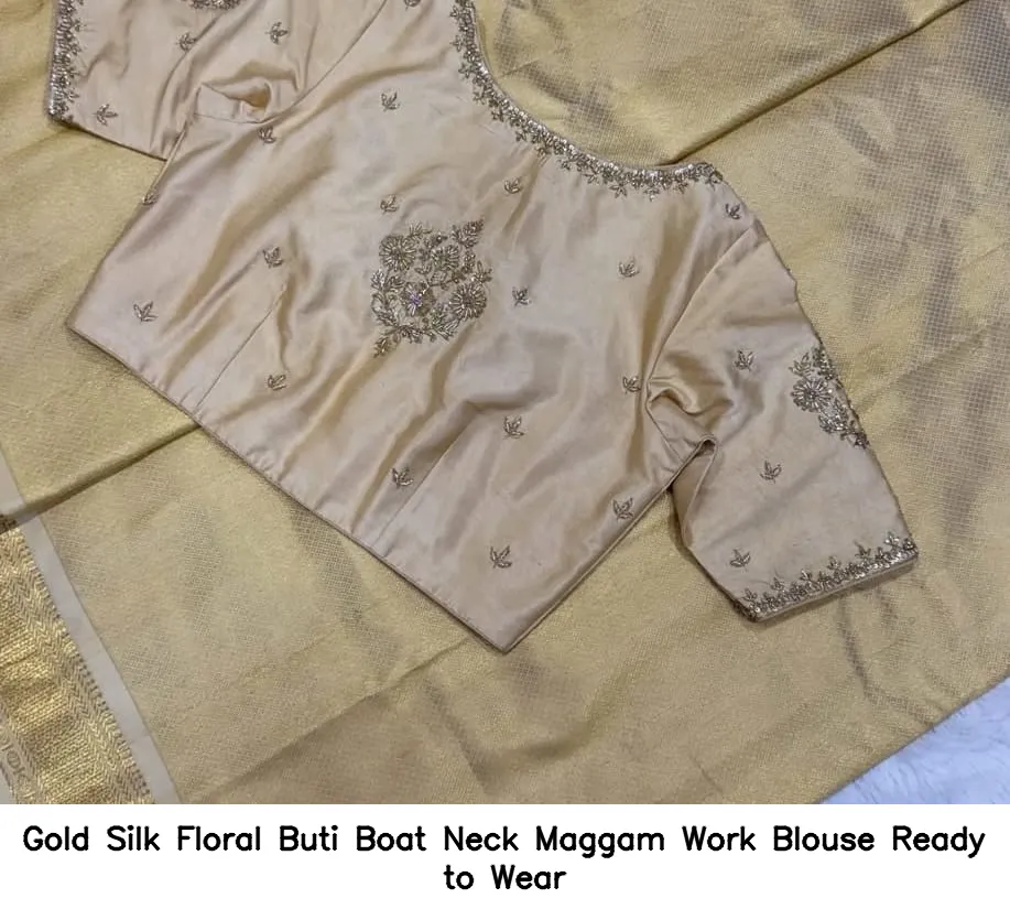 Gold Silk Floral Buti Boat Neck Maggam Work Blouse – Ready to Wear - Image 2