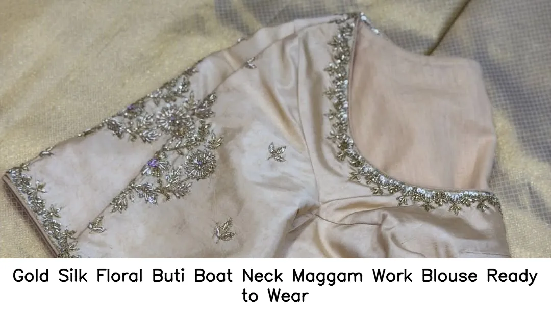 Gold Silk Floral Buti Boat Neck Maggam Work Blouse – Ready to Wear - Image 3