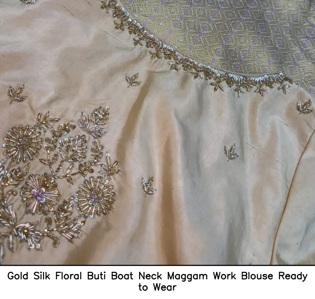 Gold Silk Floral Buti Boat Neck Maggam Work Blouse – Ready to Wear - Image 4