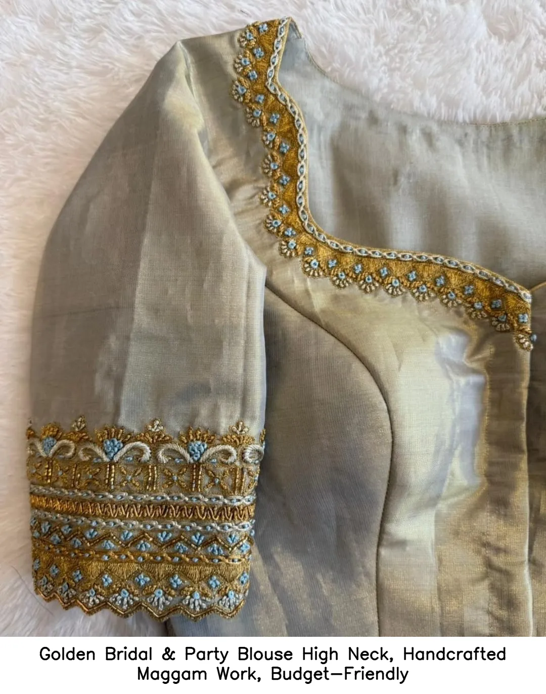 Golden Bridal & Party Blouse – High Neck, Handcrafted Maggam Work, Budget-Friendly - Image 2