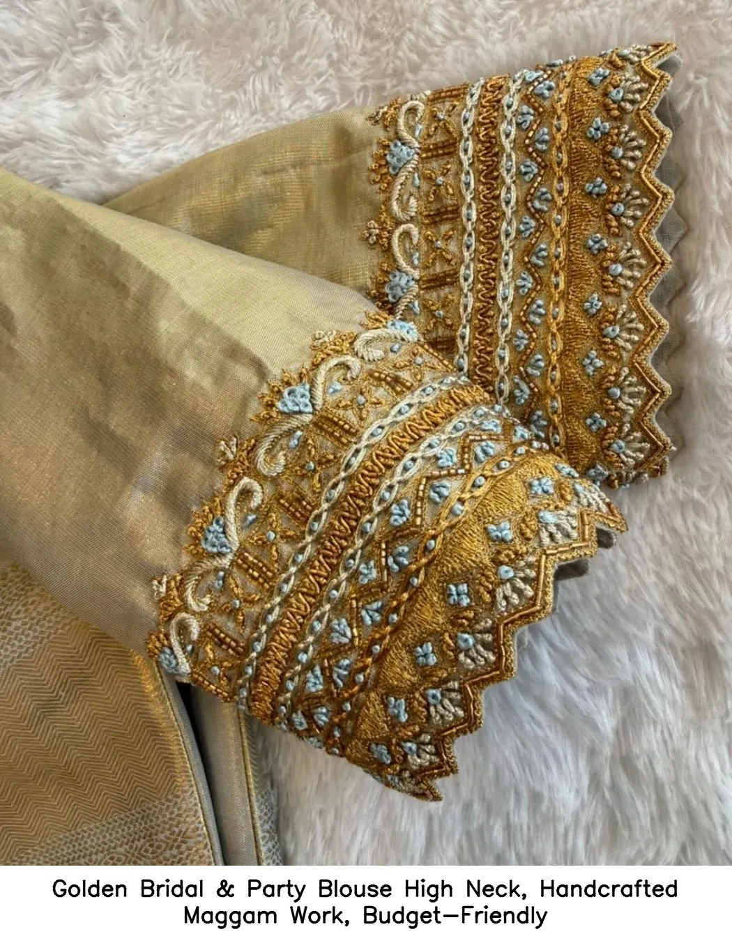 Golden Bridal & Party Blouse – High Neck, Handcrafted Maggam Work, Budget-Friendly - Image 3