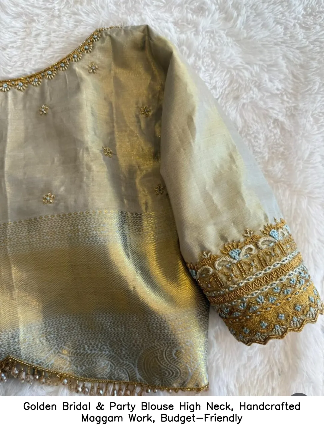 Golden Bridal & Party Blouse – High Neck, Handcrafted Maggam Work, Budget-Friendly - Image 4