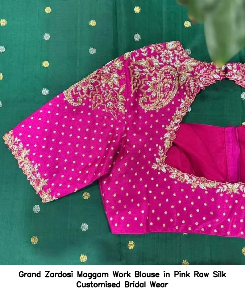 Grand Zardosi Maggam Work Blouse in Pink Raw Silk – Customised Bridal Wear