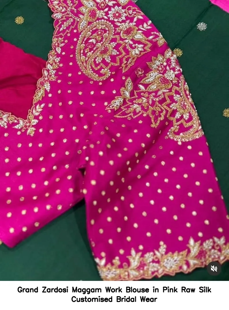 Grand Zardosi Maggam Work Blouse in Pink Raw Silk – Customised Bridal Wear - Image 2