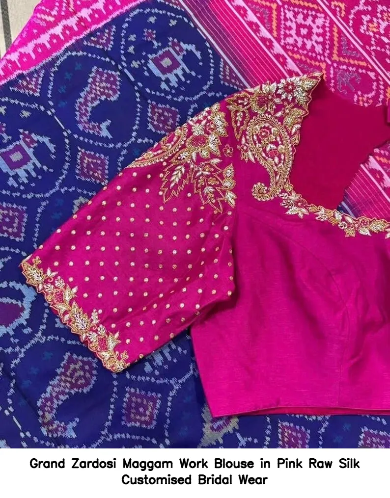 Grand Zardosi Maggam Work Blouse in Pink Raw Silk – Customised Bridal Wear - Image 4