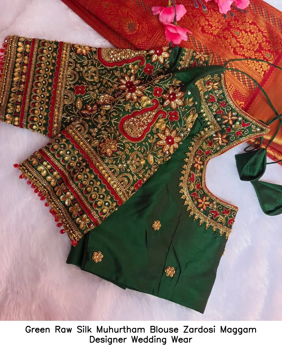 Green Raw Silk Muhurtham Blouse – Zardosi Maggam Designer Wedding Wear