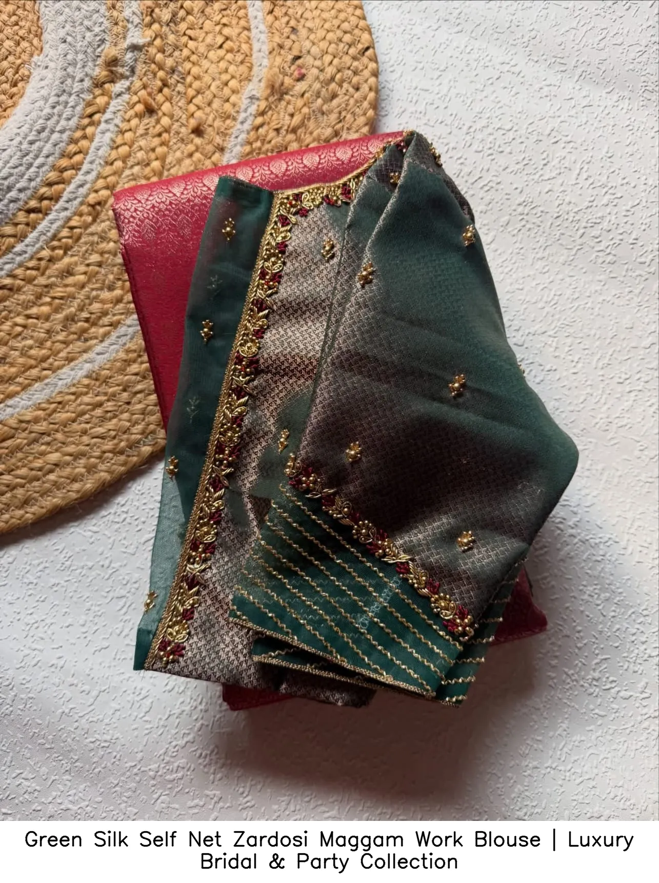 Green Silk Self Net Zardosi Maggam Work Blouse | Luxury Bridal & Party Collection