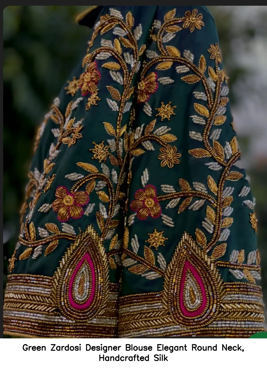 Green Zardosi Designer Blouse – Elegant Round Neck, Handcrafted Silk - Image 2