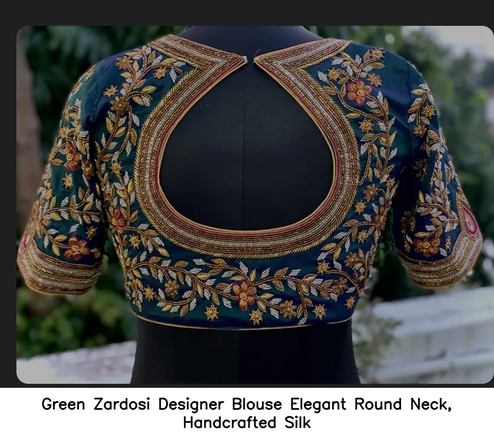 Green Zardosi Designer Blouse – Elegant Round Neck, Handcrafted Silk - Image 3