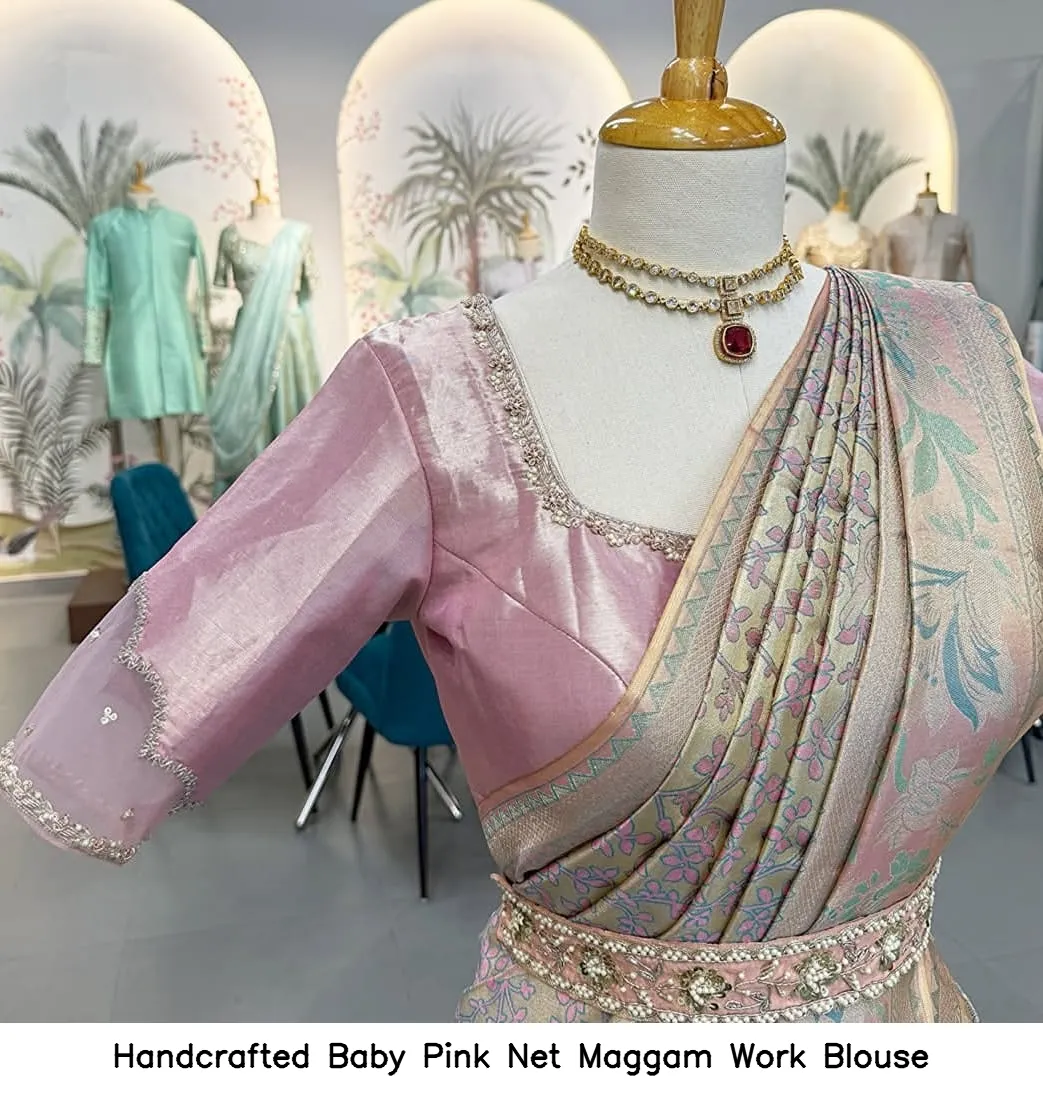 Handcrafted Baby Pink Net Maggam Work Blouse