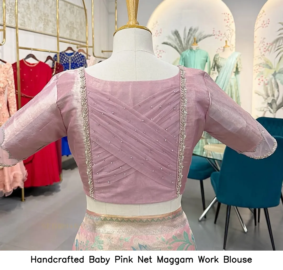 Handcrafted Baby Pink Net Maggam Work Blouse - Image 2