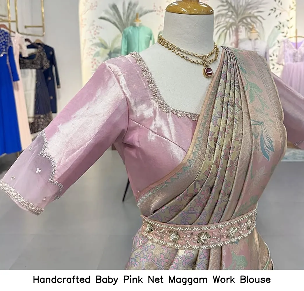 Handcrafted Baby Pink Net Maggam Work Blouse - Image 3