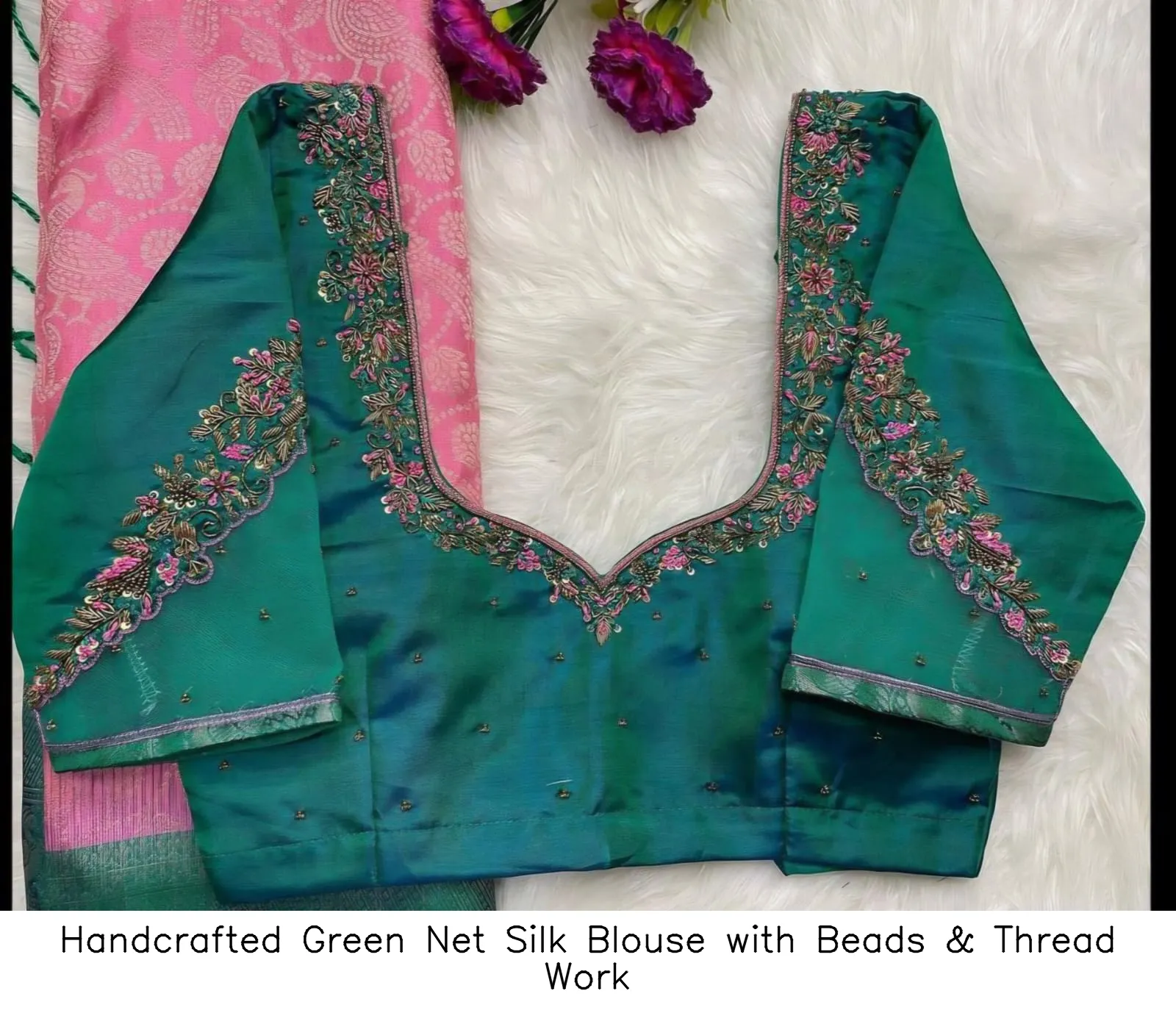 Handcrafted Green Net Silk Blouse with Beads & Thread Work