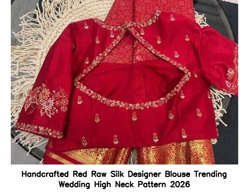 Handcrafted Red Raw Silk Designer Blouse – Trending Wedding High Neck Pattern 2026 - Image 3