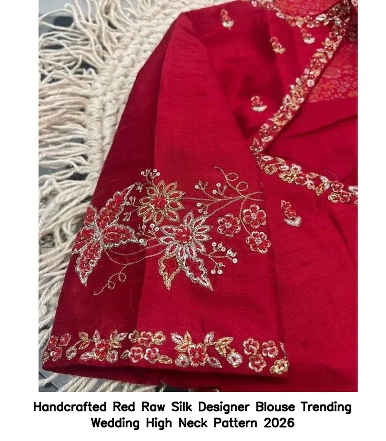 Handcrafted Red Raw Silk Designer Blouse – Trending Wedding High Neck Pattern 2026 - Image 4