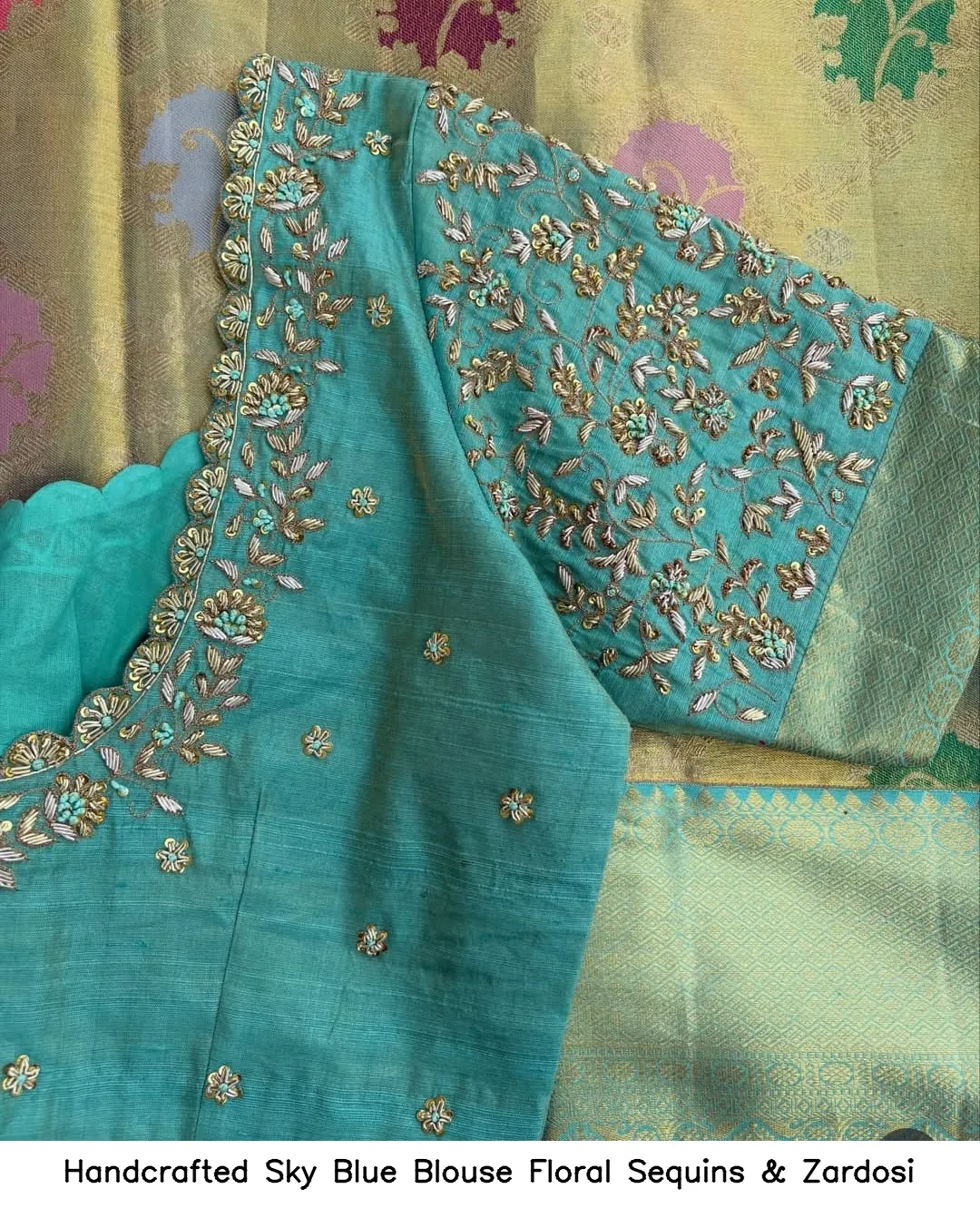 Handcrafted Sky Blue Blouse – Floral Sequins & Zardosi