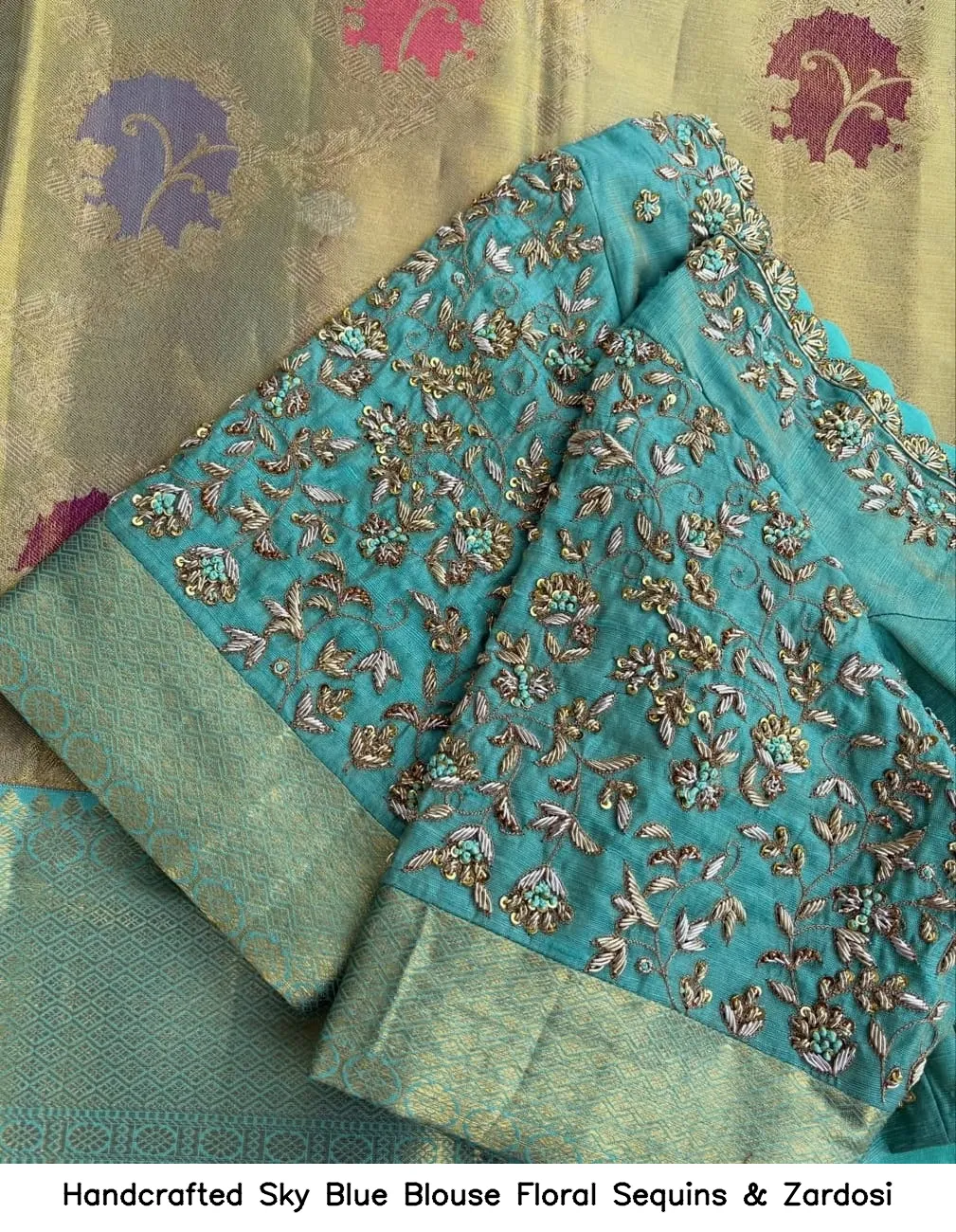 Handcrafted Sky Blue Blouse – Floral Sequins & Zardosi - Image 2