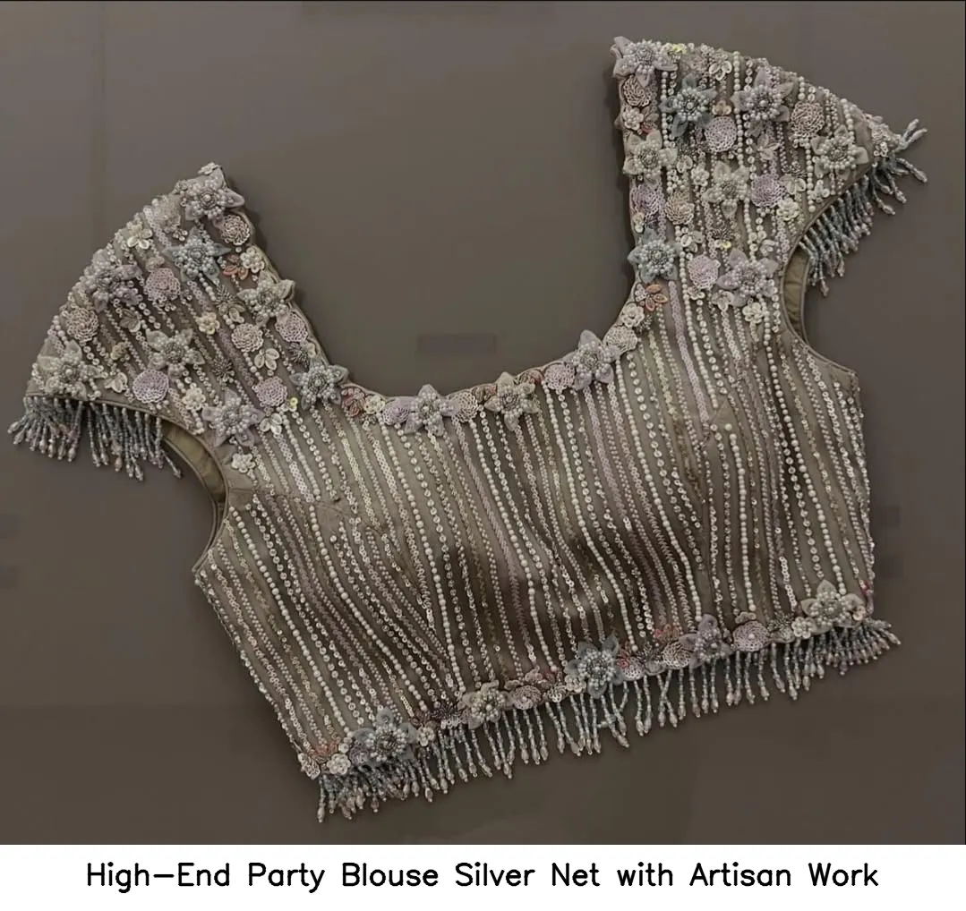 High-End Party Blouse – Silver Net with Artisan Work