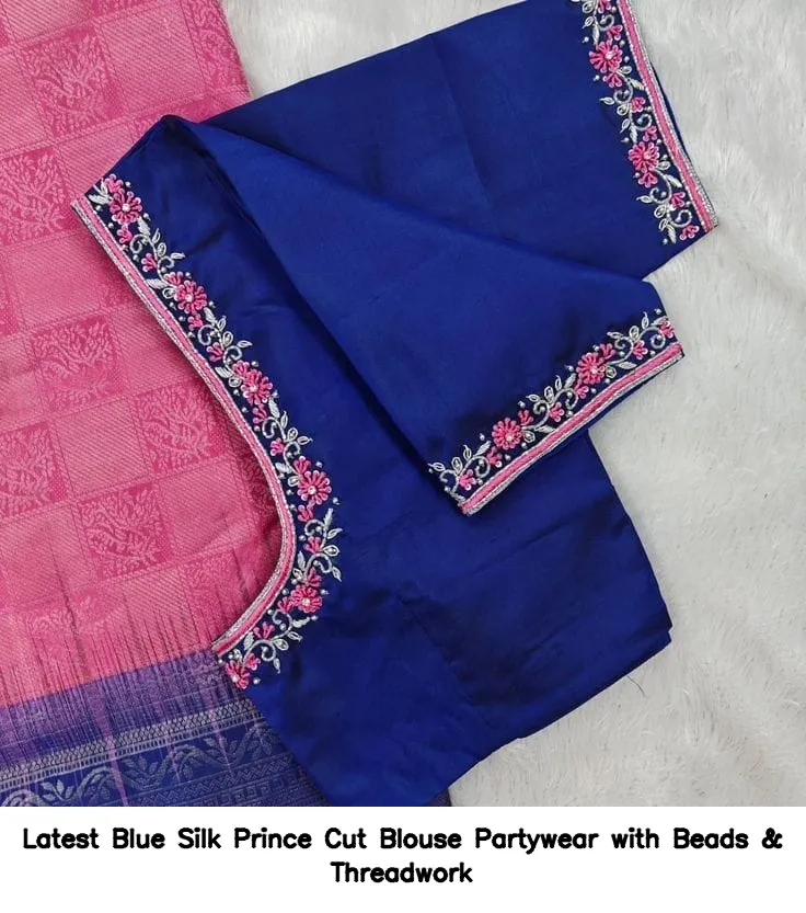 Latest Blue Silk Prince Cut Blouse – Partywear with Beads & Threadwork
