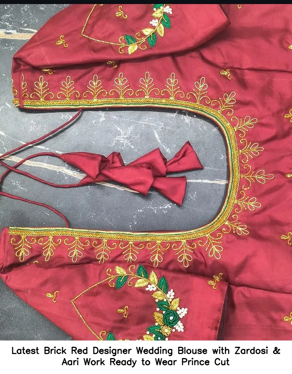 Latest Brick Red Designer Wedding Blouse with Zardosi & Aari Work – Ready to Wear Prince Cut - Image 2