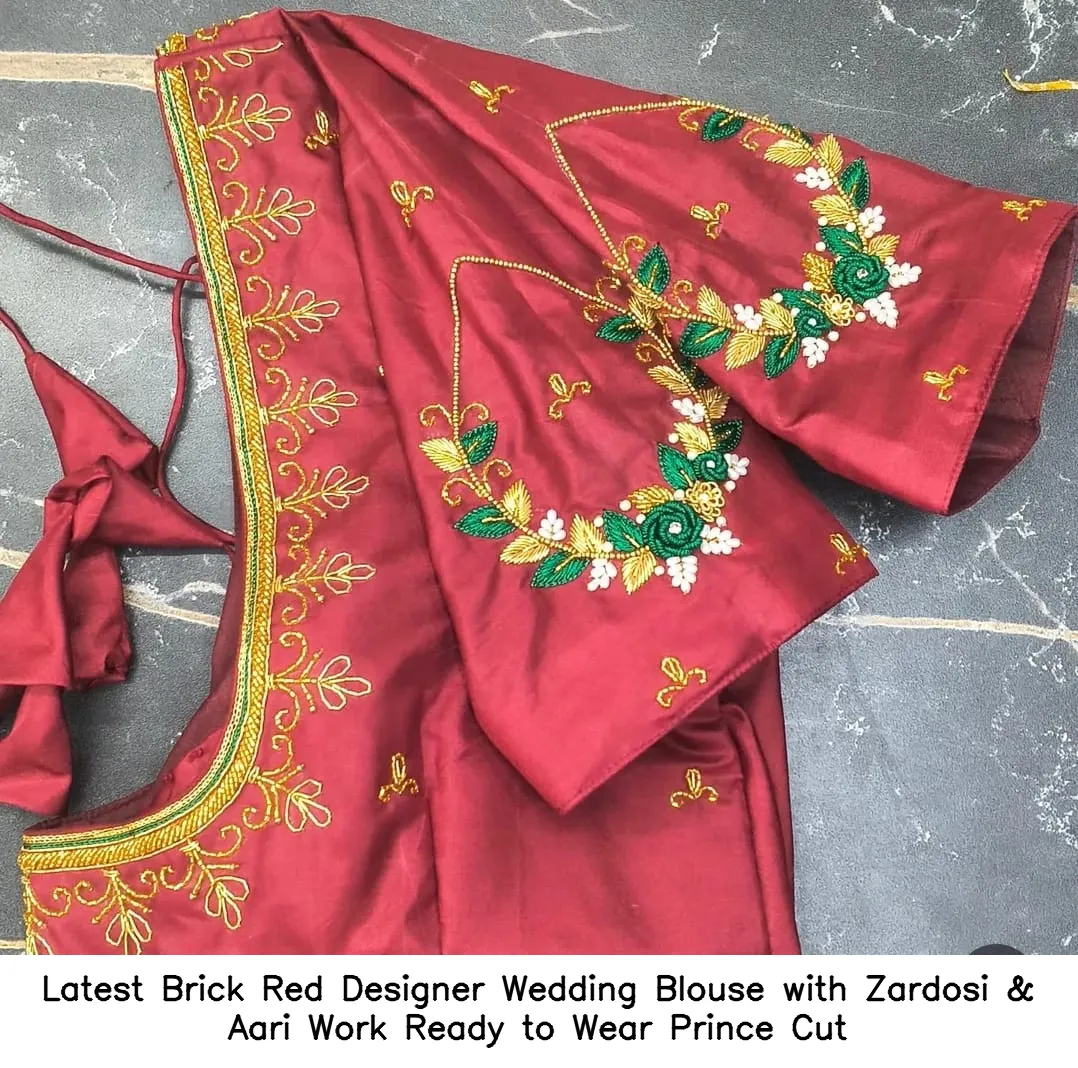 Latest Brick Red Designer Wedding Blouse with Zardosi & Aari Work – Ready to Wear Prince Cut - Image 3