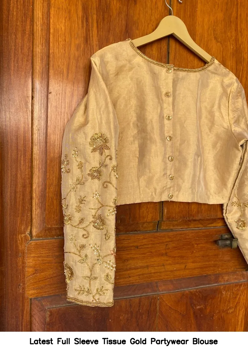 Latest Full Sleeve Tissue Gold Partywear Blouse
