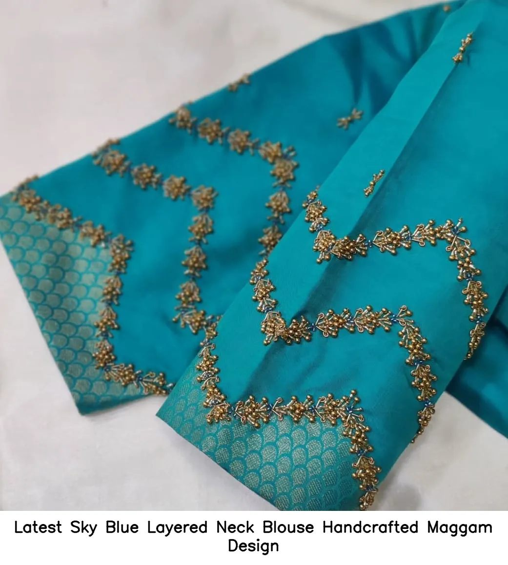 Latest Sky Blue Layered Neck Blouse – Handcrafted Maggam Design