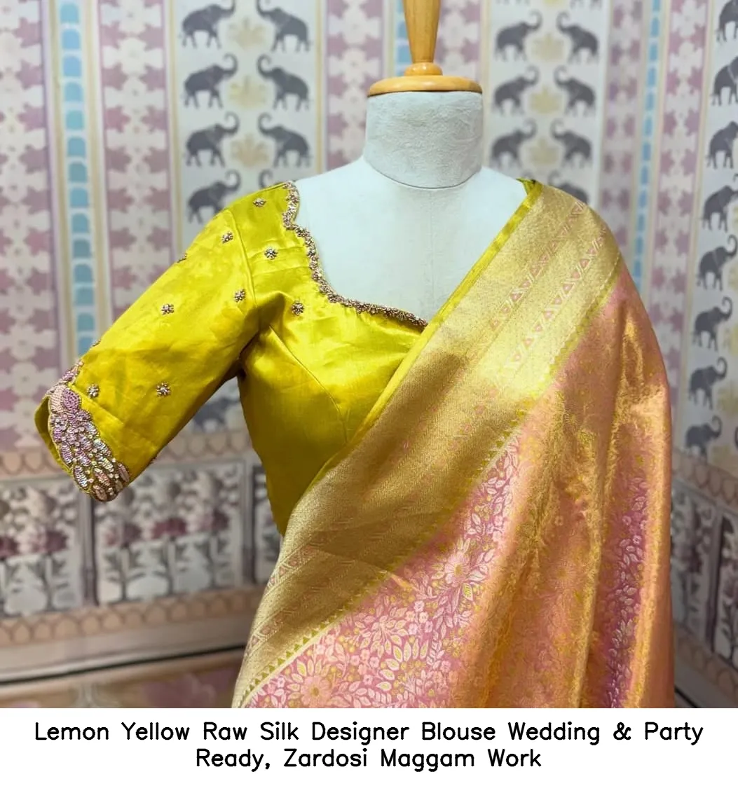 Lemon Yellow Raw Silk Designer Blouse – Wedding & Party Ready, Zardosi Maggam Work - Image 2