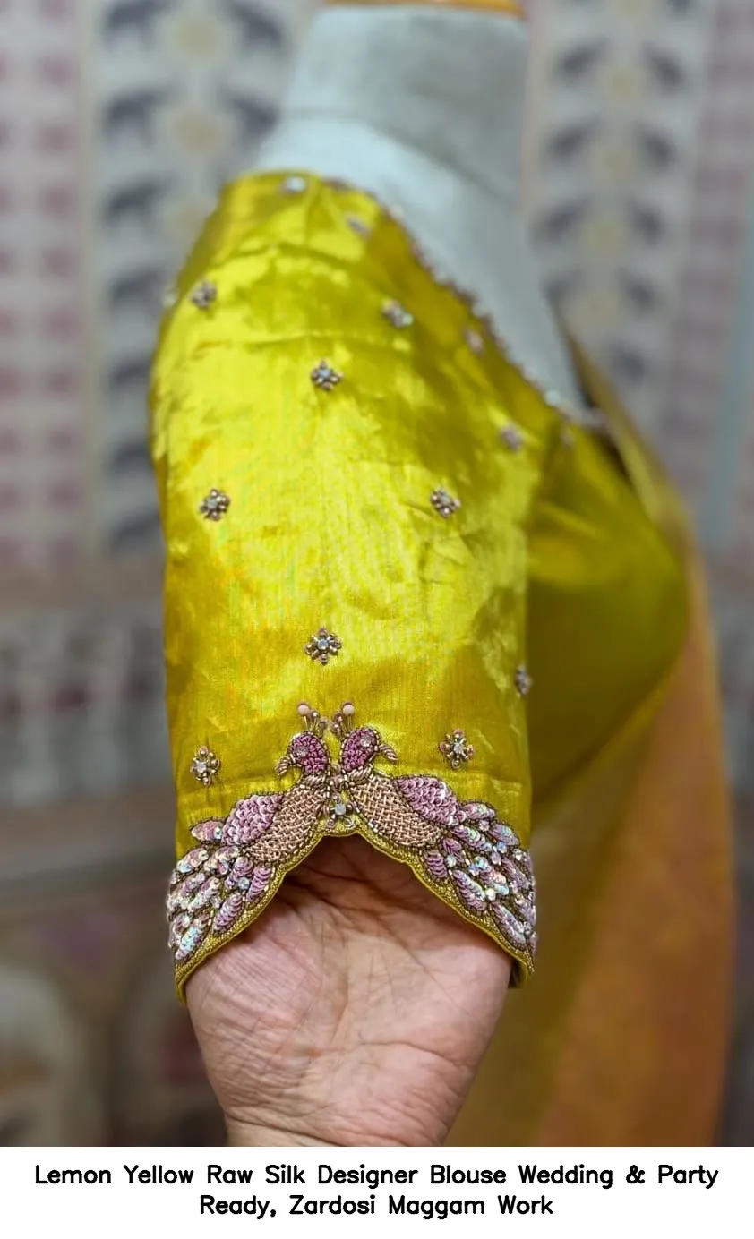 Lemon Yellow Raw Silk Designer Blouse – Wedding & Party Ready, Zardosi Maggam Work - Image 3
