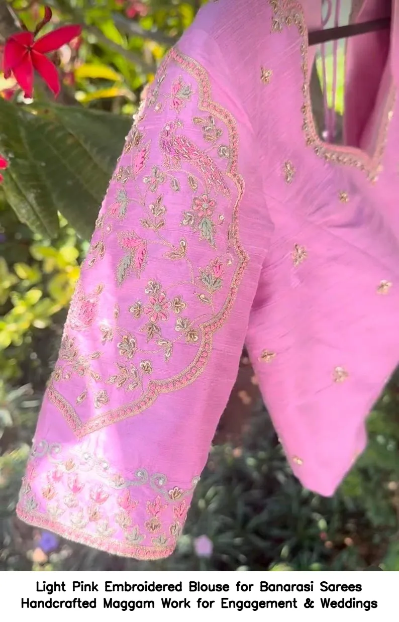 Light Pink Embroidered Blouse for Banarasi Sarees – Handcrafted Maggam Work for Engagement & Weddings - Image 2