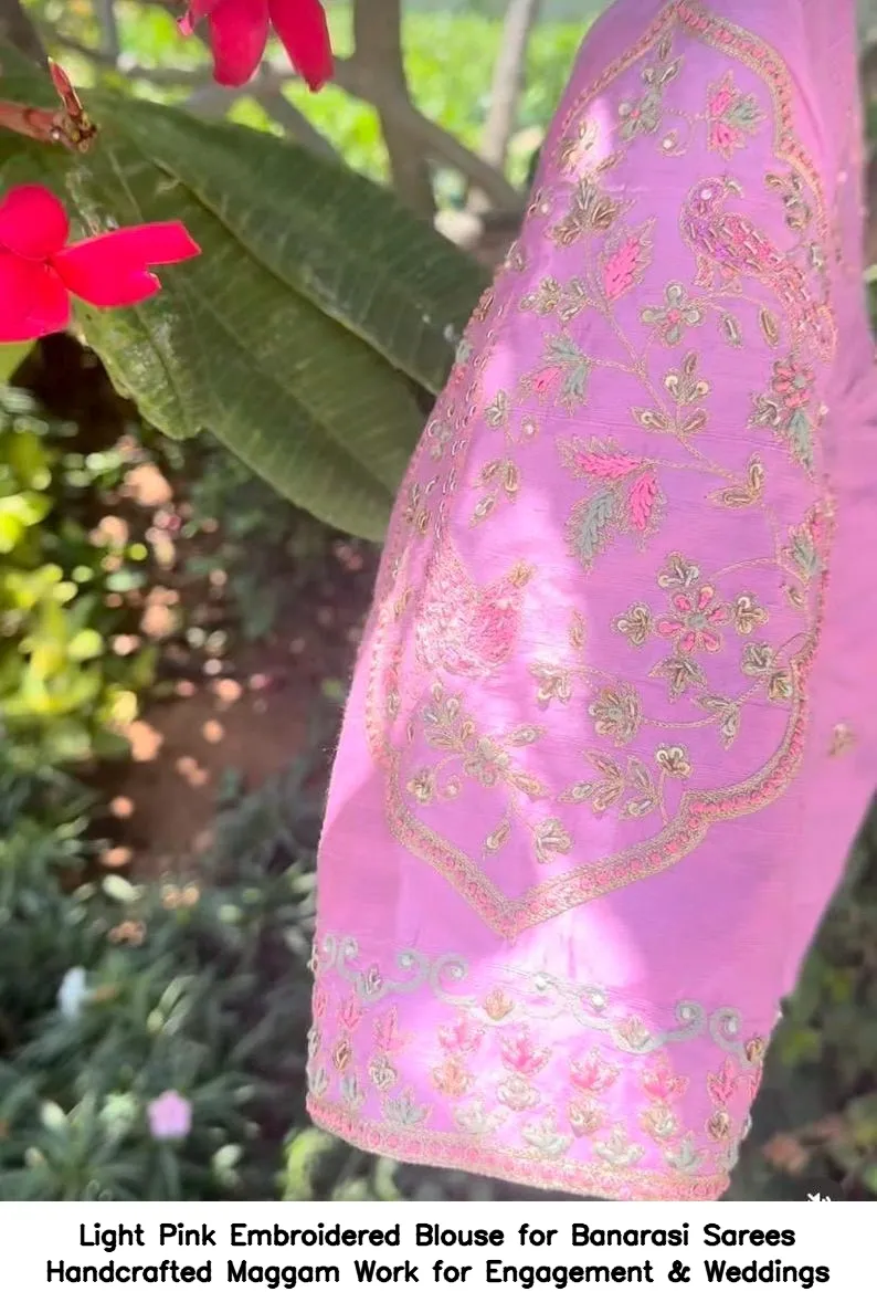 Light Pink Embroidered Blouse for Banarasi Sarees – Handcrafted Maggam Work for Engagement & Weddings - Image 3