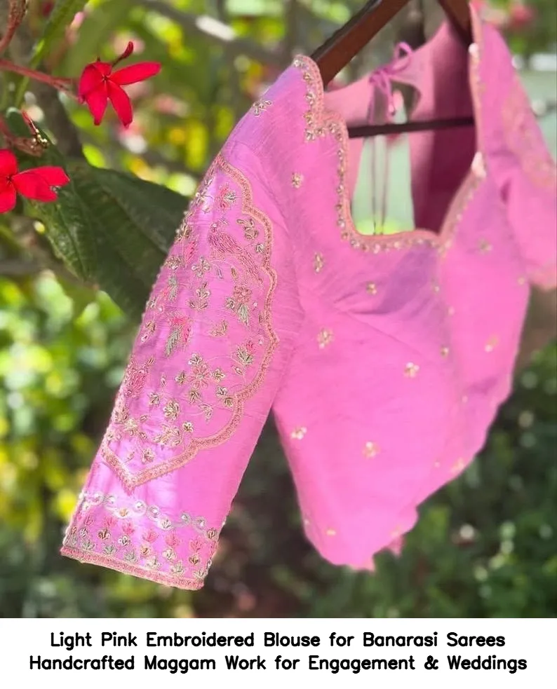 Light Pink Embroidered Blouse for Banarasi Sarees – Handcrafted Maggam Work for Engagement & Weddings - Image 4