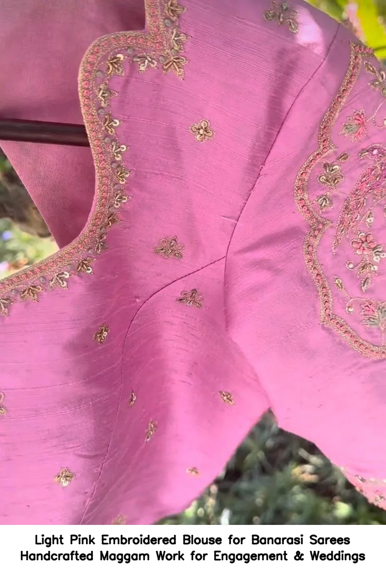 Light Pink Embroidered Blouse for Banarasi Sarees – Handcrafted Maggam Work for Engagement & Weddings - Image 5