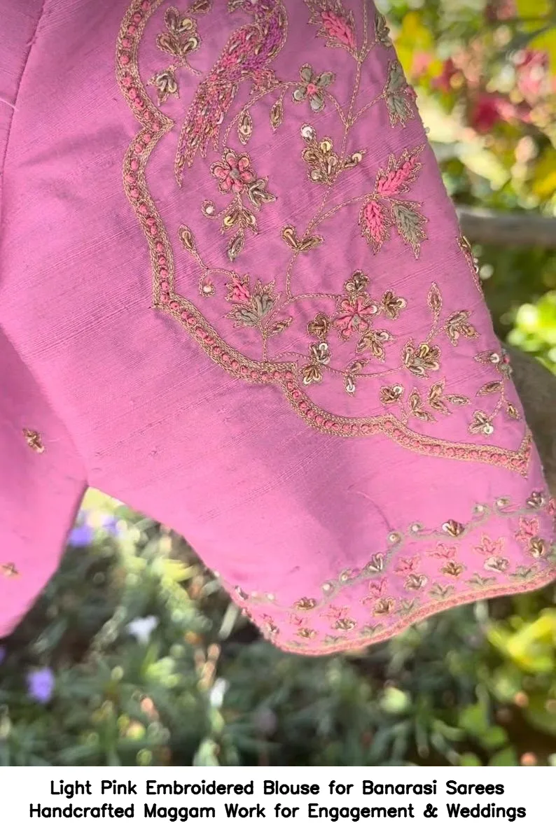 Light Pink Embroidered Blouse for Banarasi Sarees – Handcrafted Maggam Work for Engagement & Weddings - Image 6