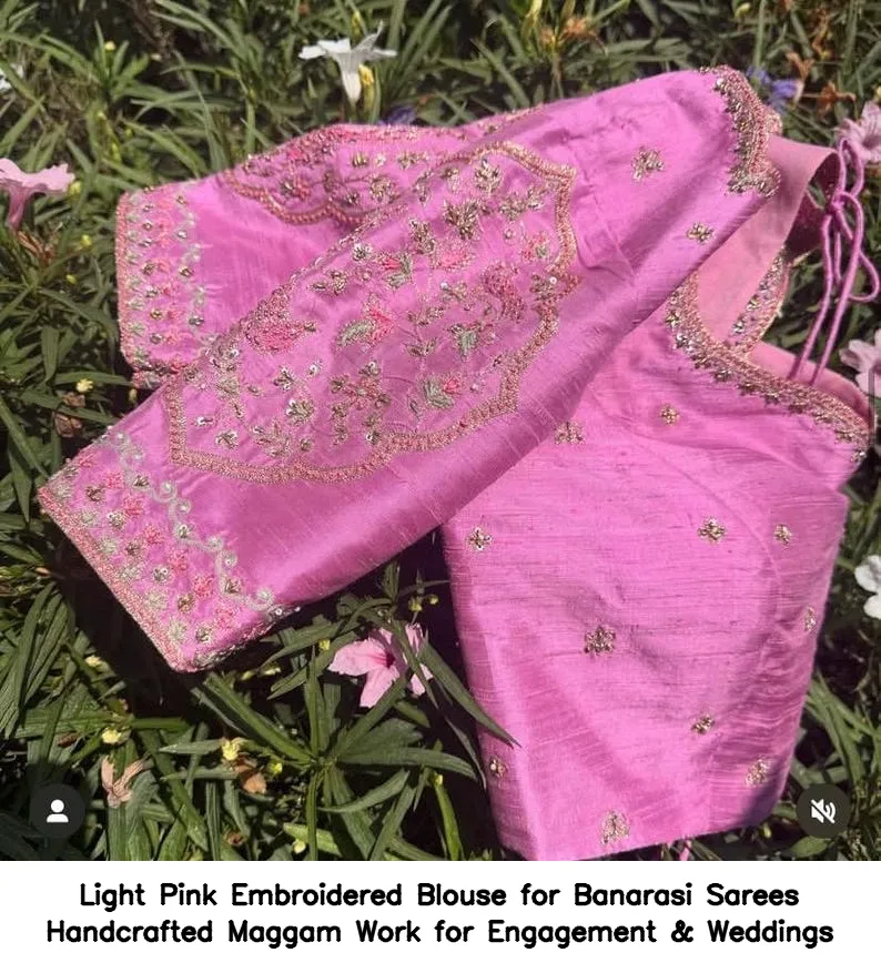 Light Pink Embroidered Blouse for Banarasi Sarees – Handcrafted Maggam Work for Engagement & Weddings - Image 8