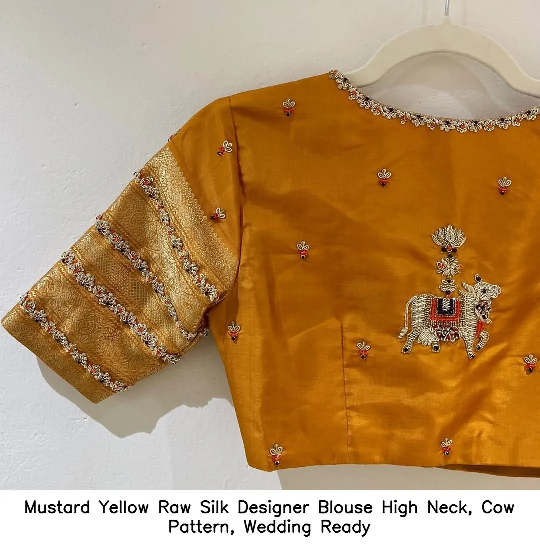 Mustard Yellow Raw Silk Designer Blouse – High Neck, Cow Pattern, Wedding Ready