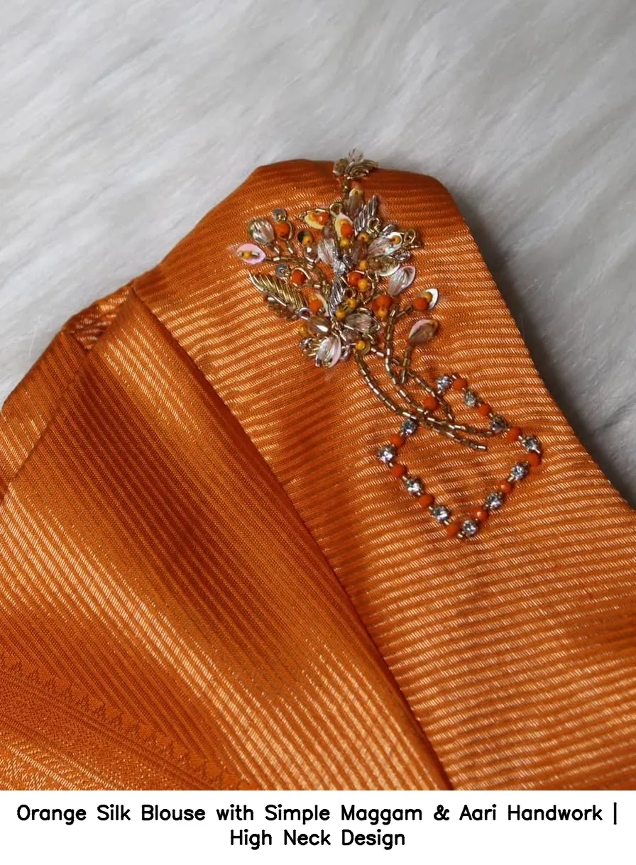 Orange Silk Blouse with Simple Maggam & Aari Handwork | High Neck Design - Image 2