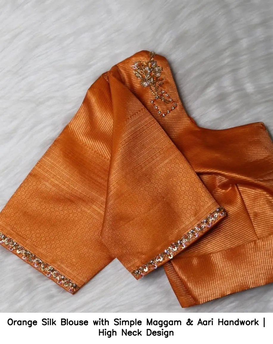 Orange Silk Blouse with Simple Maggam & Aari Handwork | High Neck Design - Image 3