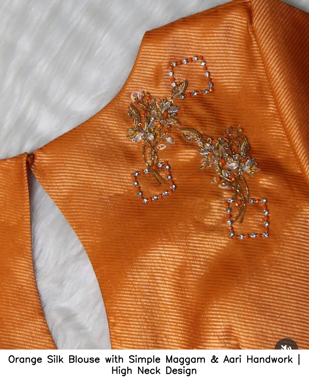 Orange Silk Blouse with Simple Maggam & Aari Handwork | High Neck Design - Image 4