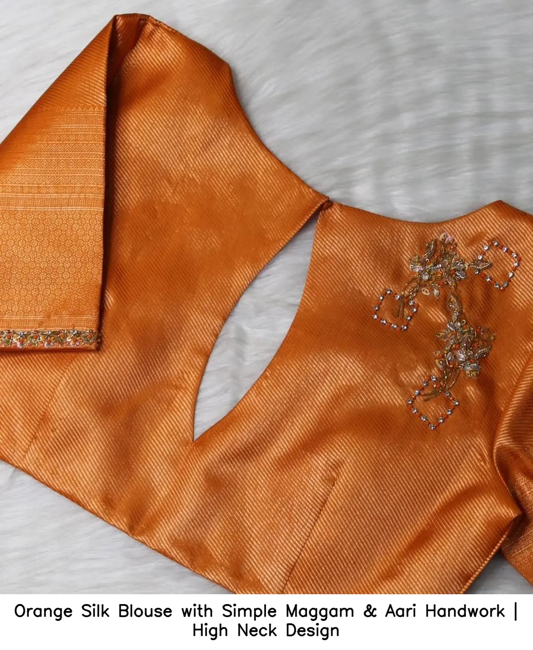 Orange Silk Blouse with Simple Maggam & Aari Handwork | High Neck Design - Image 5