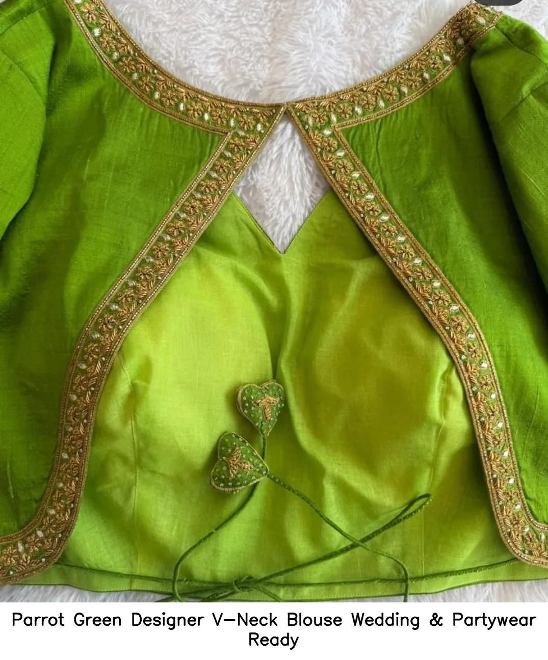 Parrot Green Designer V-Neck Blouse – Wedding & Partywear Ready - Image 2