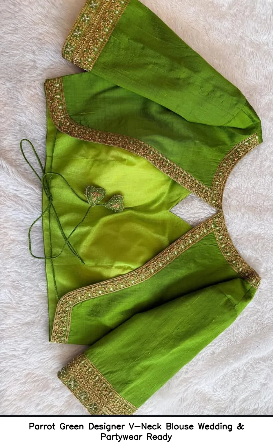 Parrot Green Designer V-Neck Blouse – Wedding & Partywear Ready - Image 3