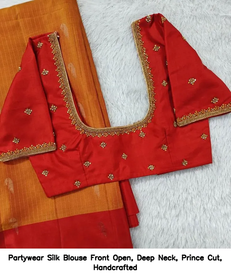 Partywear Silk Blouse – Front Open, Deep Neck, Prince Cut, Handcrafted