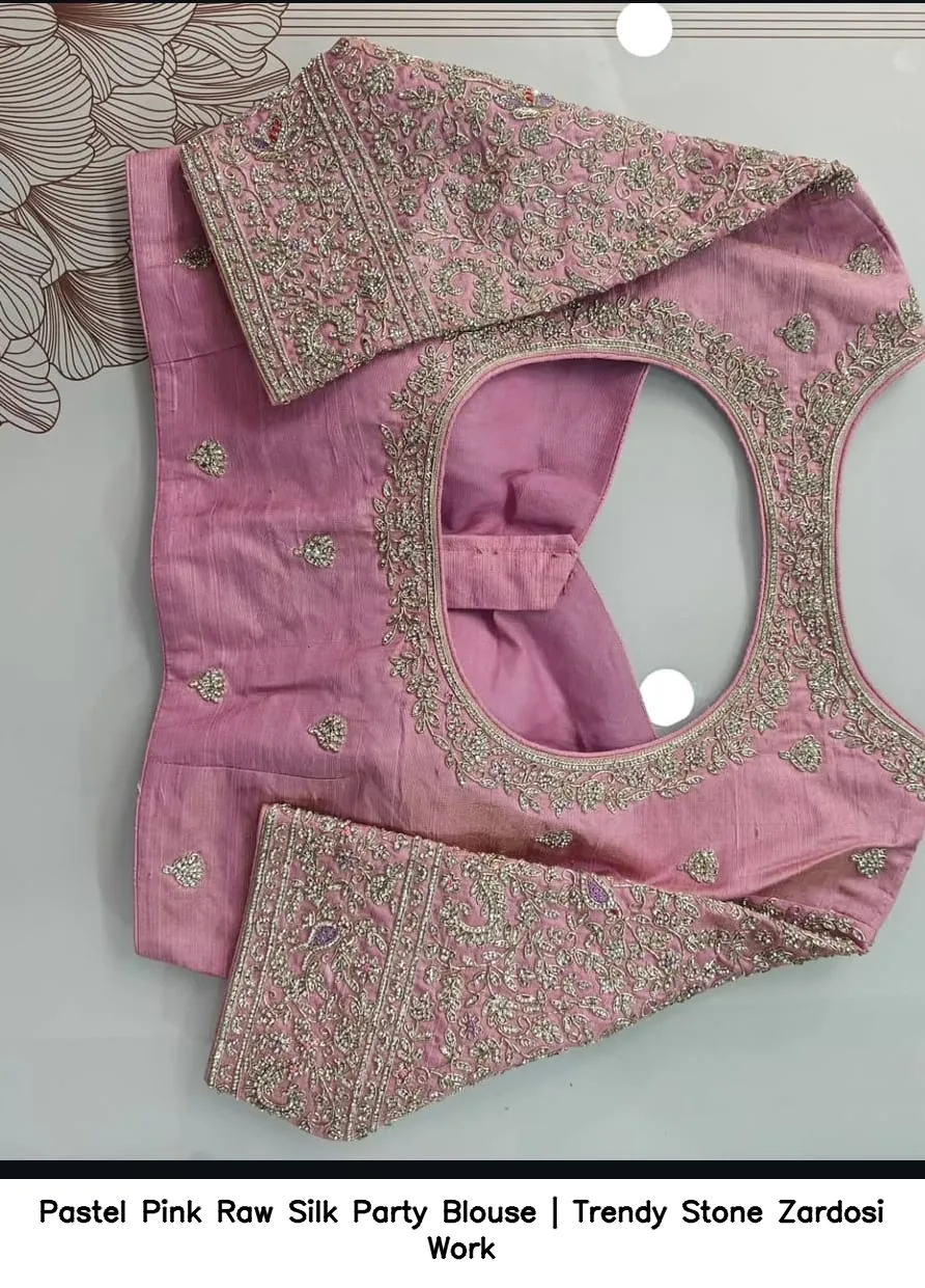 Pastel Pink Raw Silk Party Blouse | Trendy Stone Zardosi Work - Image 3
