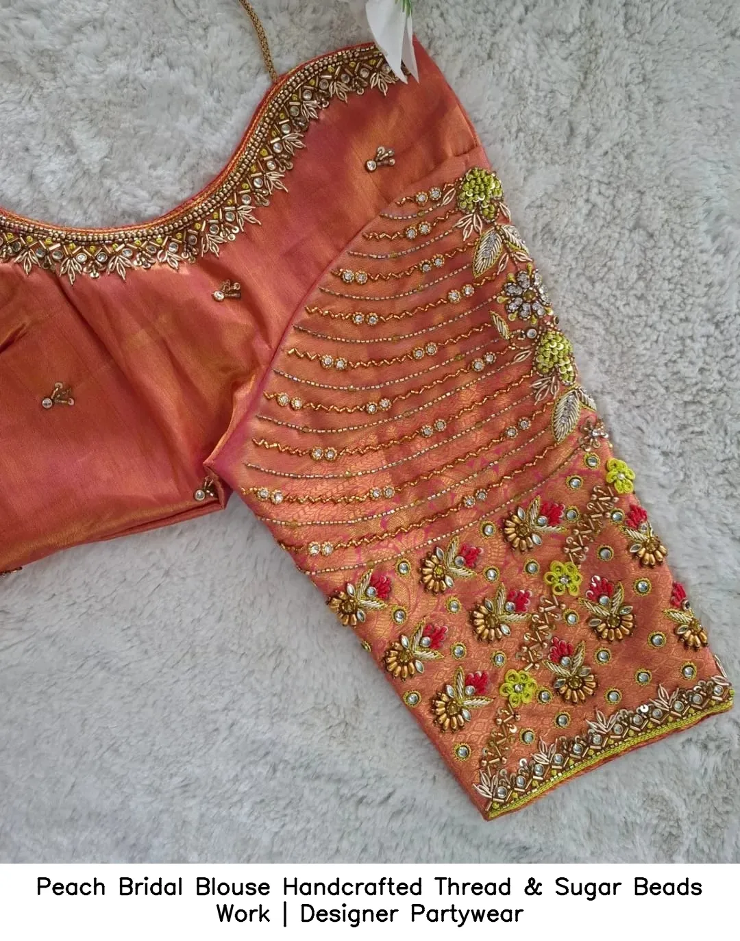 Peach Bridal Blouse – Handcrafted Thread & Sugar Beads Work | Designer Partywear