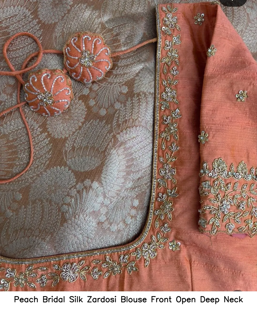 Peach Bridal Silk Zardosi Blouse – Front Open Deep Neck - Image 2