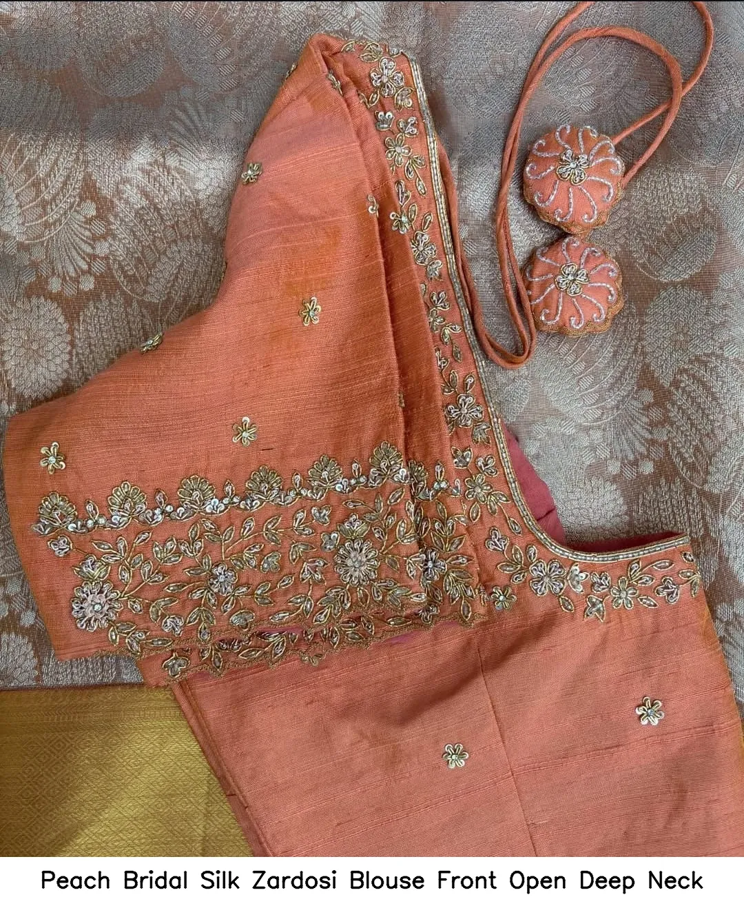 Peach Bridal Silk Zardosi Blouse – Front Open Deep Neck - Image 4