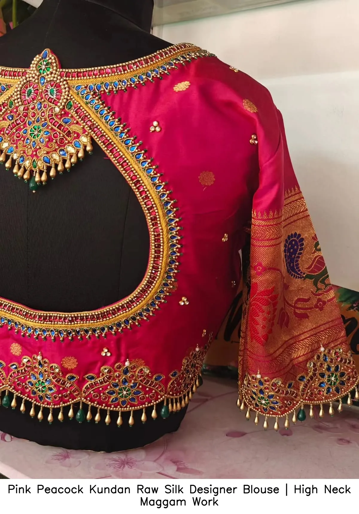 Pink Peacock Kundan Raw Silk Designer Blouse | High Neck Maggam Work